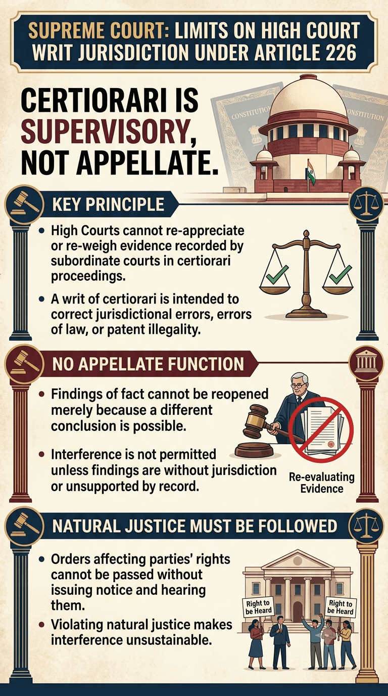 Supreme Court: High Courts Cannot Re-Appreciate Evidence While Exercising Certiorari Jurisdiction Under Article 226